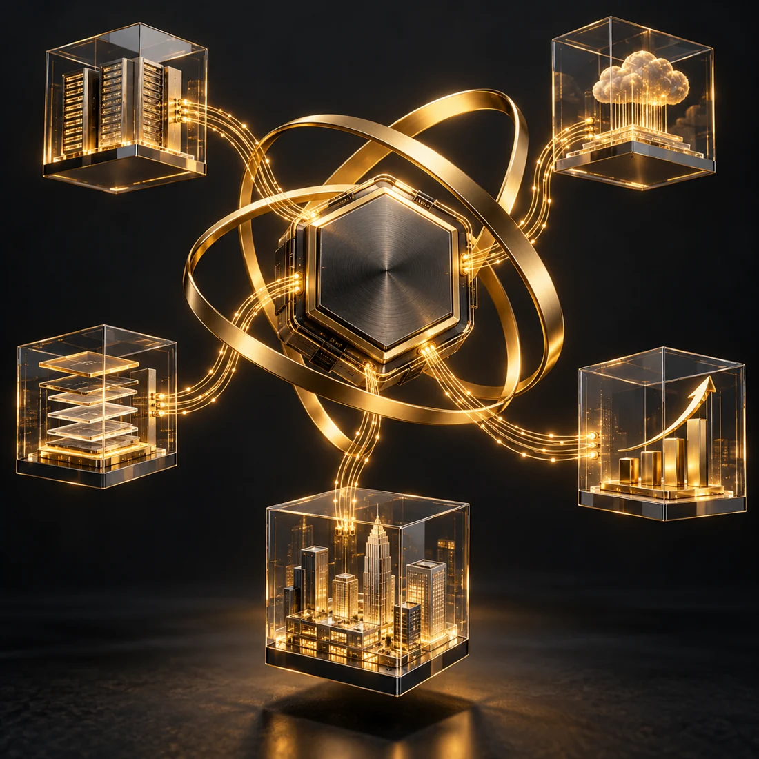 Precision gold orbital system connecting glass technology modules